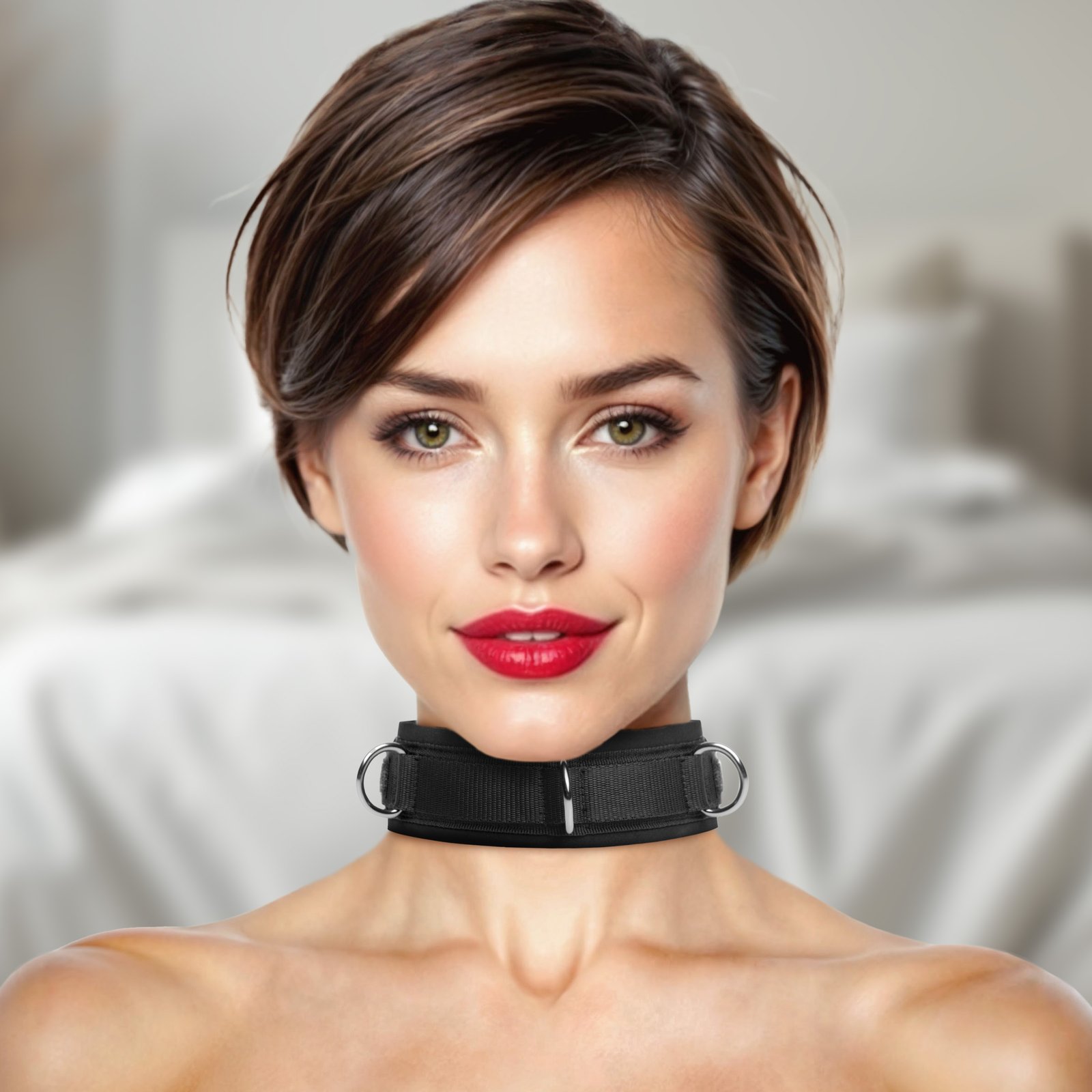 AB373_Ai_Female_001 AB373 Neoprene Bondage Collar with D-Rings