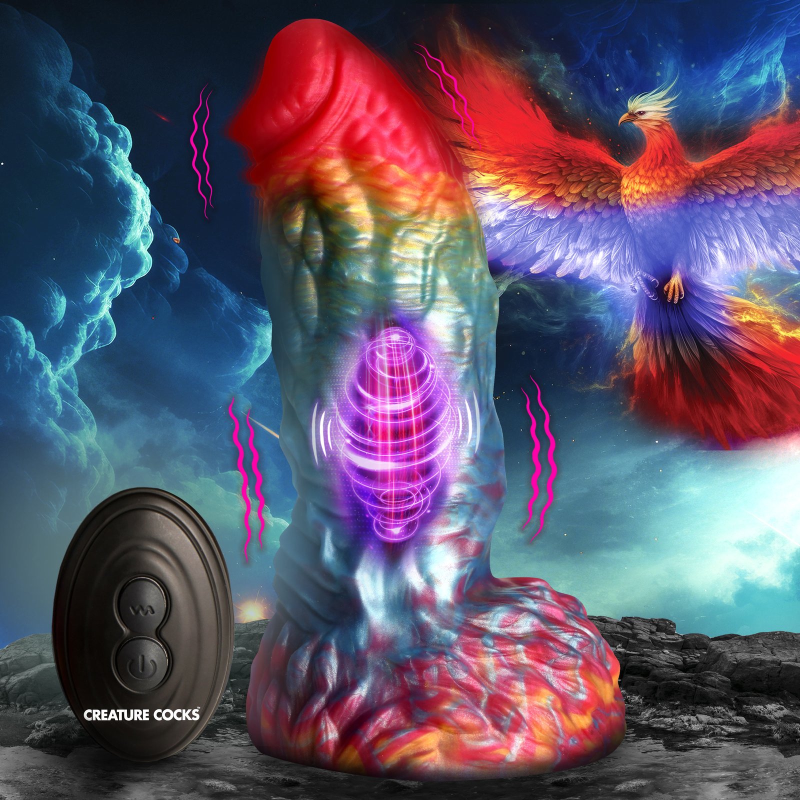 AH376_STD-MAIN AH376 Rainbow Phoenix Vibrating Silicone Dildo with Remote