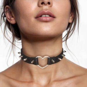 AH523-Black Spiked Heart Choker - Black