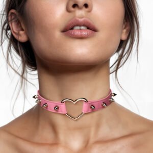 AH523-Pink Spiked Heart Choker - Pink