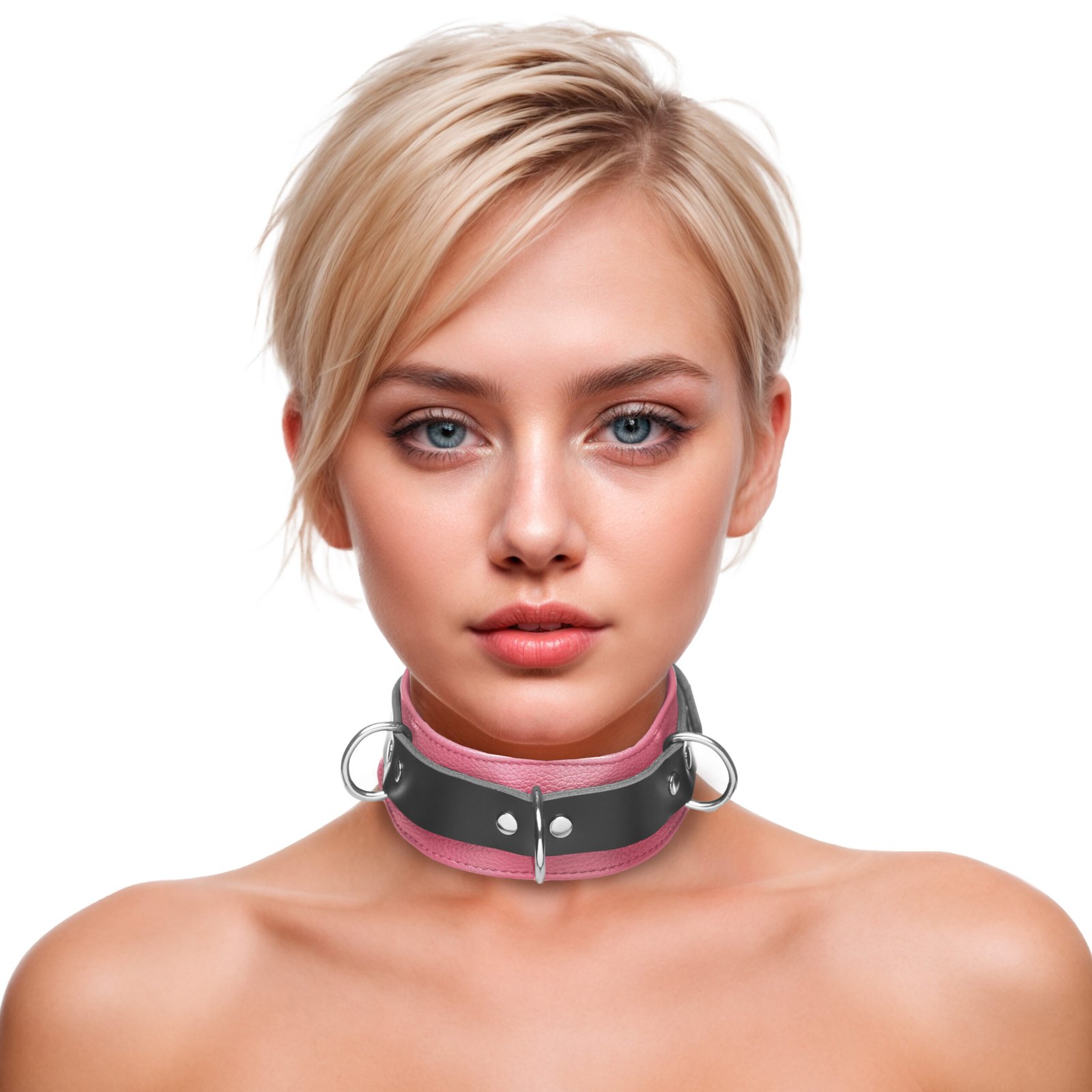 SL215_female_model_01 SL215 Strict Leather Deluxe Locking Collar - Pink and Black