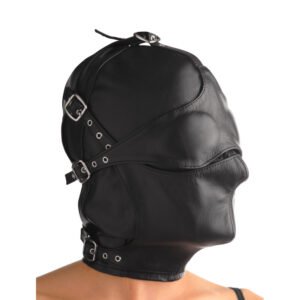 AC890-ML Asylum Leather Hood with Removable Blindfold and Muzzle- ML