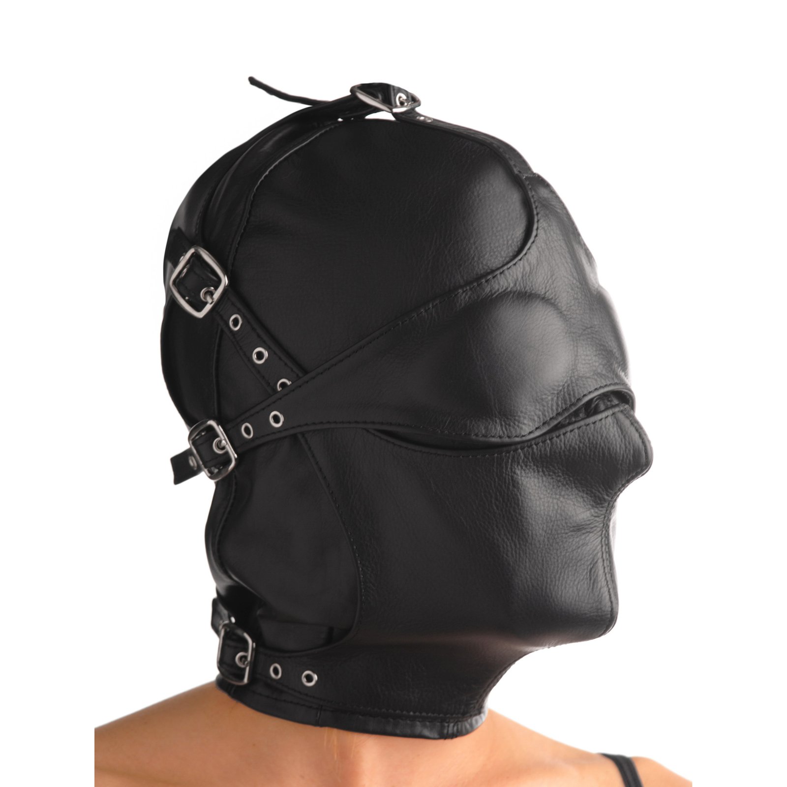ac890-leather-hood-removable-blindfold-right AC890-ML Asylum Leather Hood with Removable Blindfold and Muzzle- ML