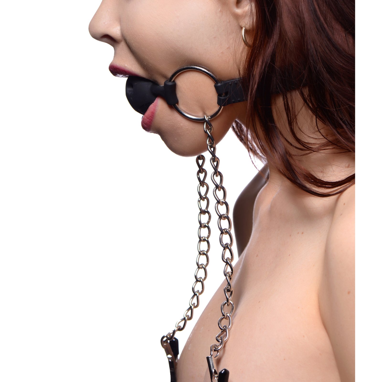 ad699-model-std AD699 Hinder Breathable Silicone Ball Gag with Nipple Clamps