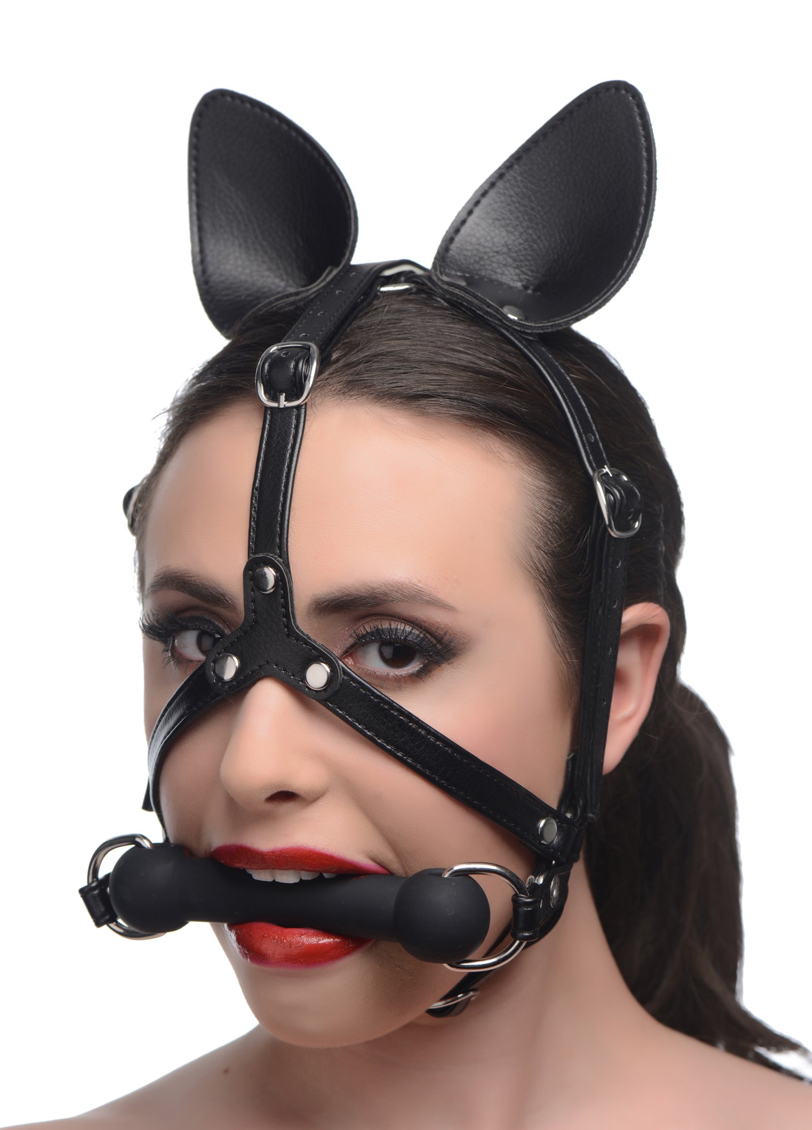 ag203-femalemodel-002 AG203 Dark Horse Pony Head Harness with Silicone Bit
