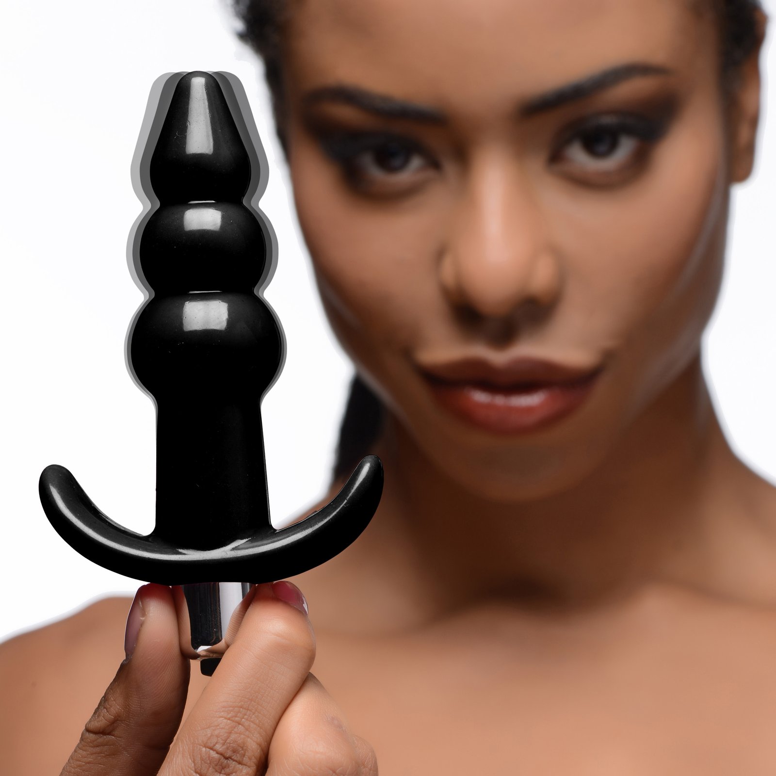 ag295-black-femalemodel-002-5 AG295-Black Ribbed Vibrating Butt Plug - Black