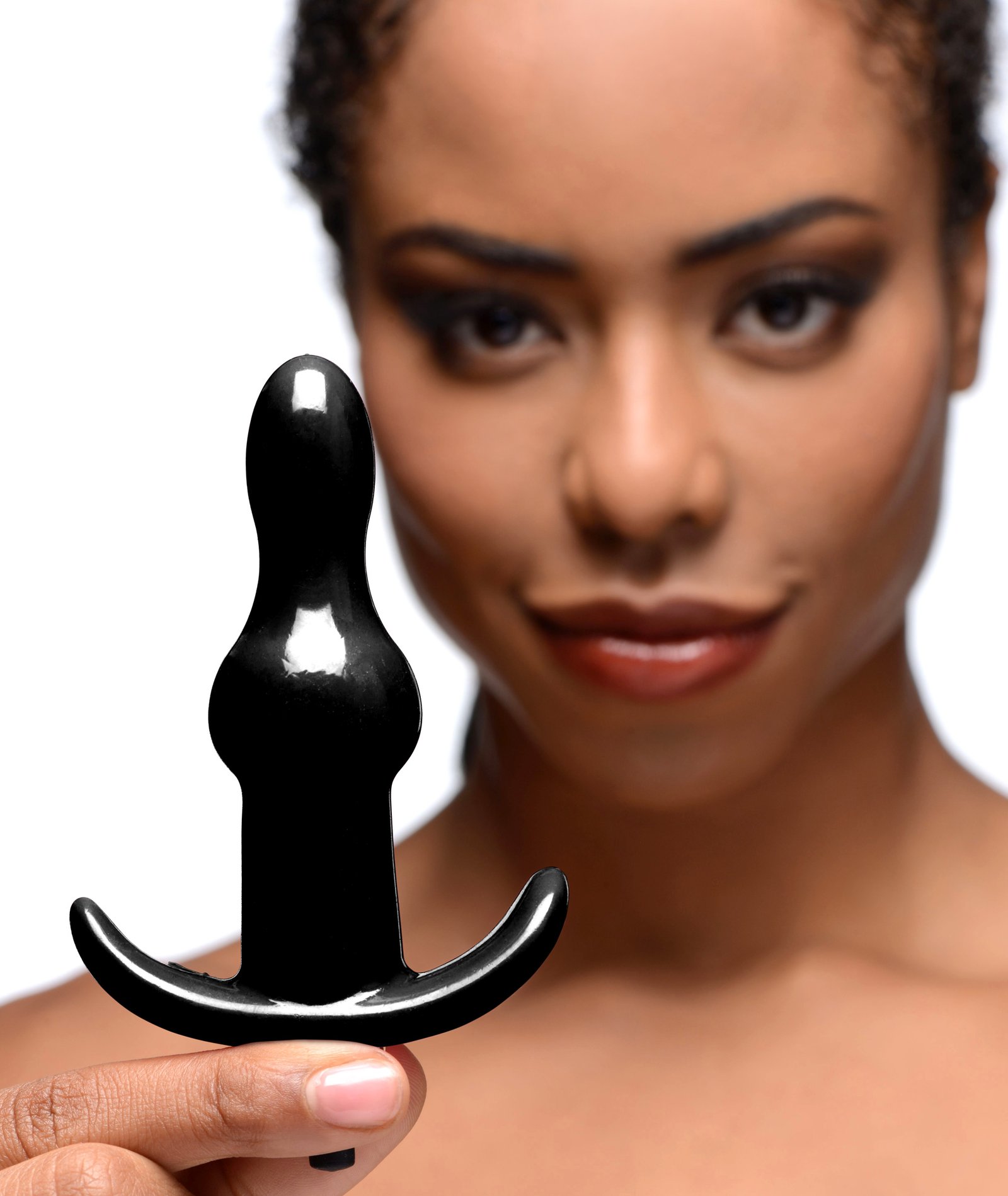 ag296-femalemodel-black AG296-Black Bumpy Vibrating Anal Plug - Black