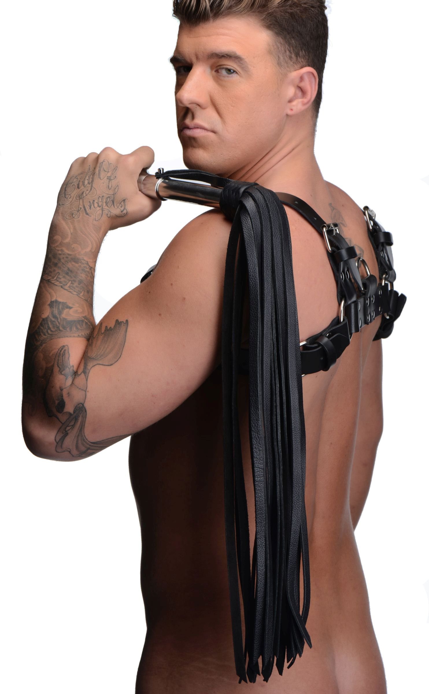 ag355-steel-handle-leather-flogger-male-2 AG355 Leather Flogger with Stainless Steel Handle
