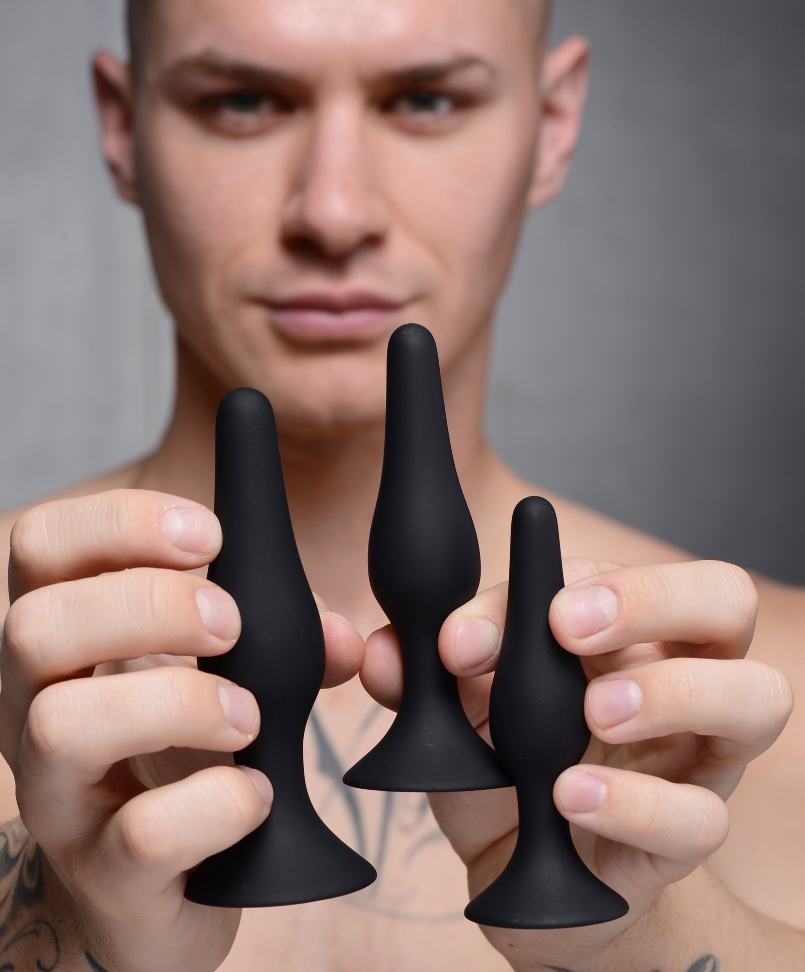 ag376-male-model-002 AG376 Triple Spire Tapered Silicone Anal Trainer Set