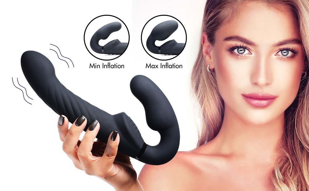 ag413-model-1 AG413 Ergo-Fit Twist Inflatable Vibrating Silicone Strapless Strap-on - Black