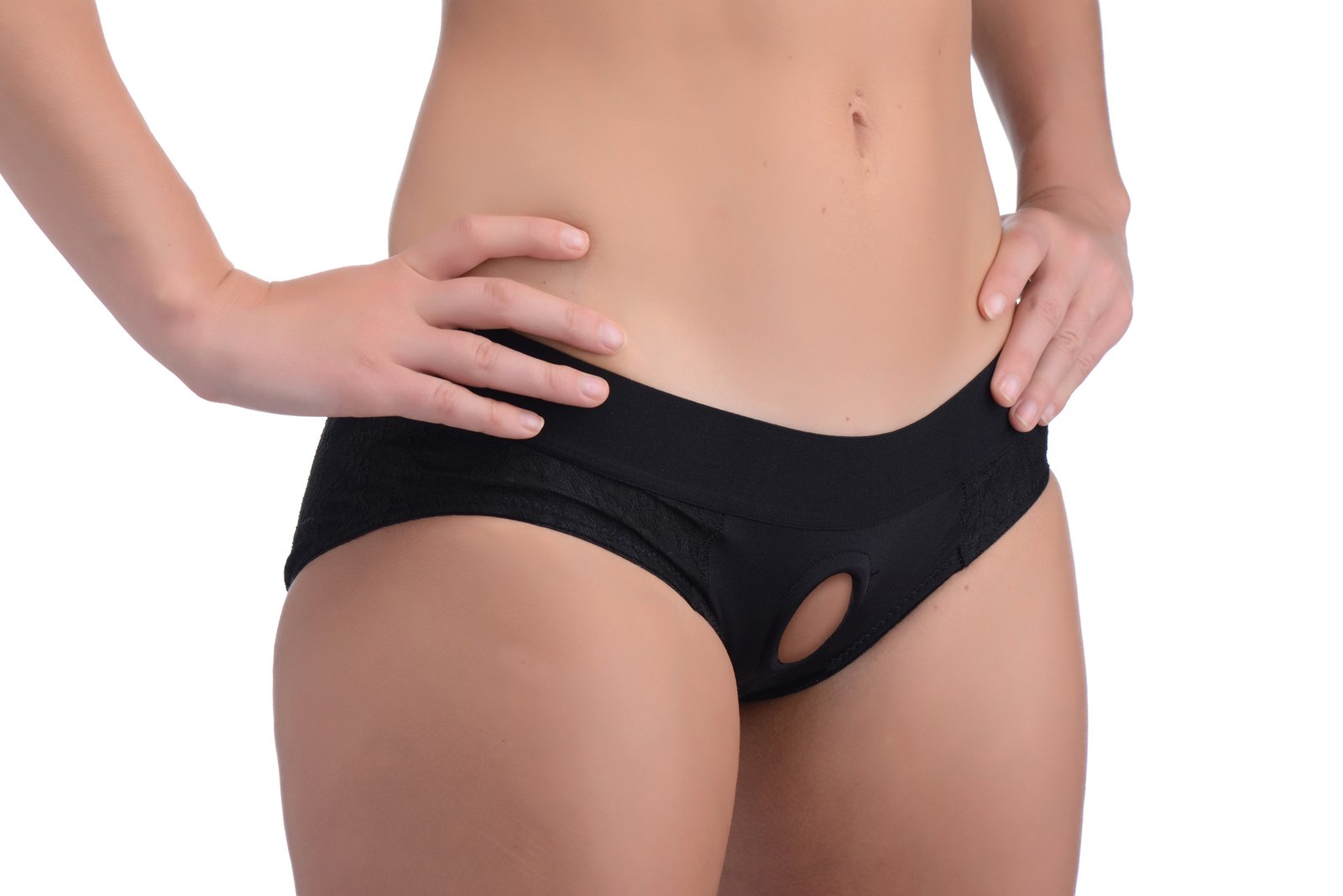 ag453-sm-female-model-002-b AG453-SM Lace Envy Black Crotchless Panty Harness - S-M