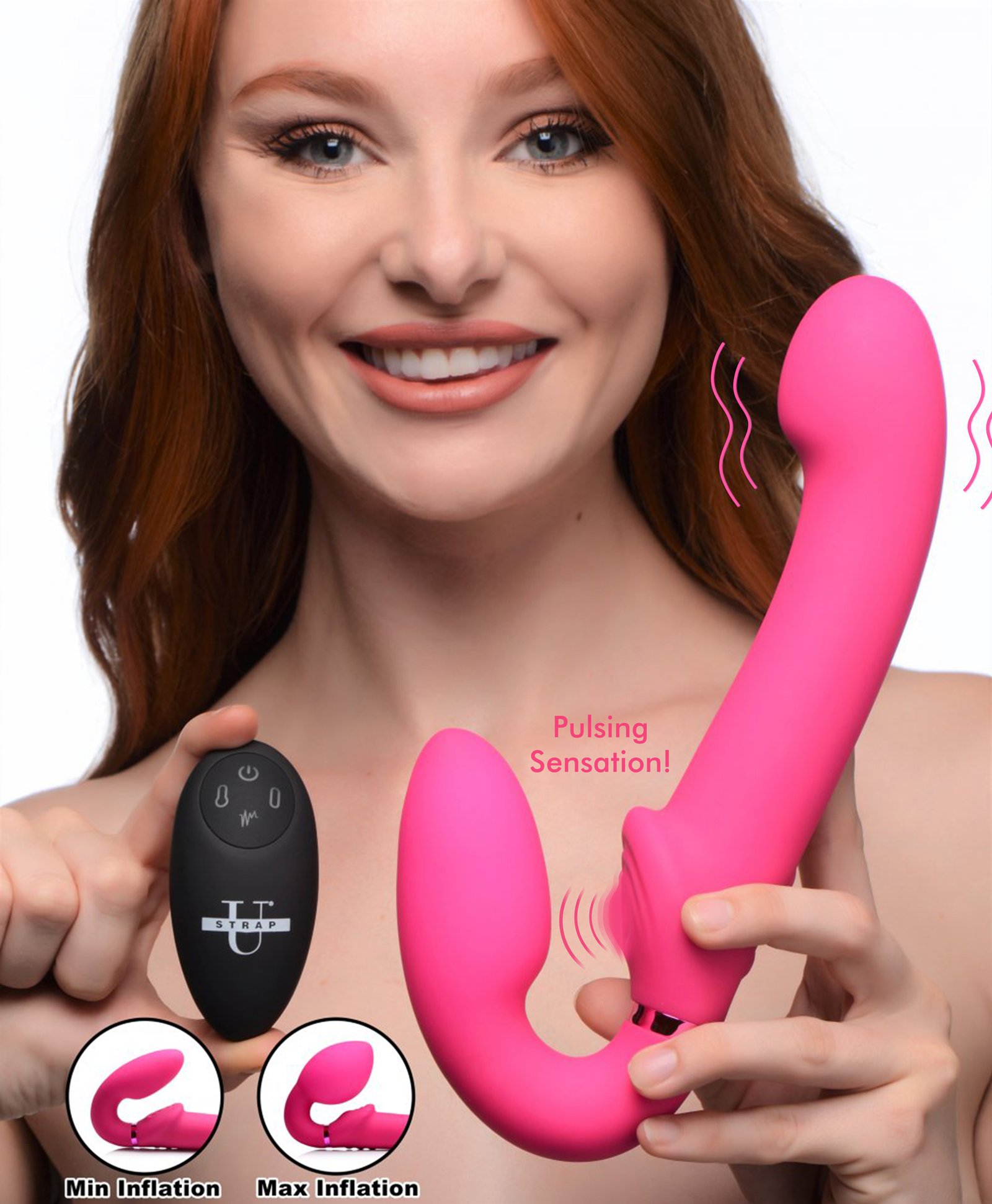 ag494-female-model-004 AG494 10X Remote Control Ergo-Fit G-Pulse Inflatable and Vibrating Strapless Strap-on - Pink