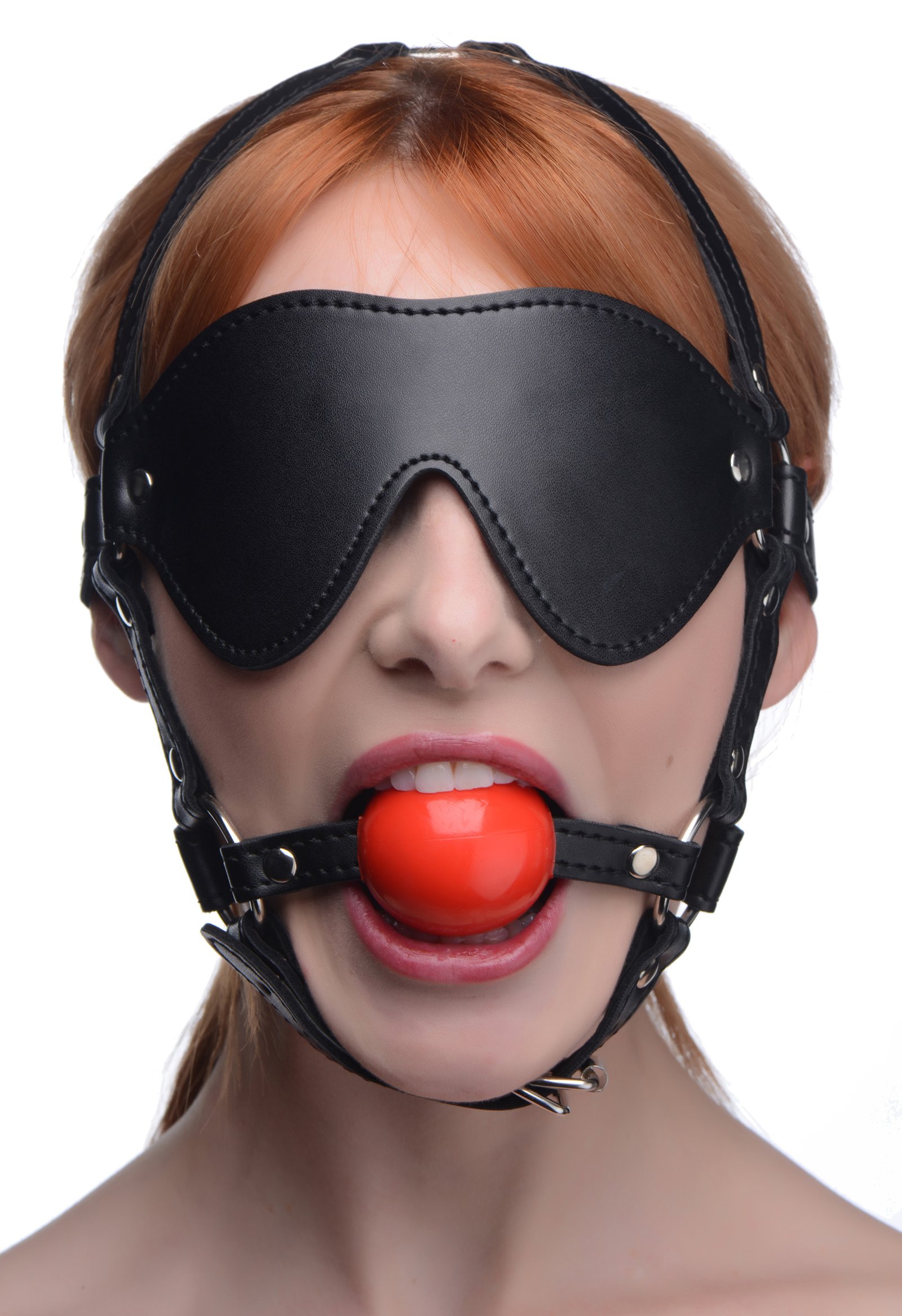 ag696-female-model-001 AG696 Blindfold Harness and Red Ball Gag