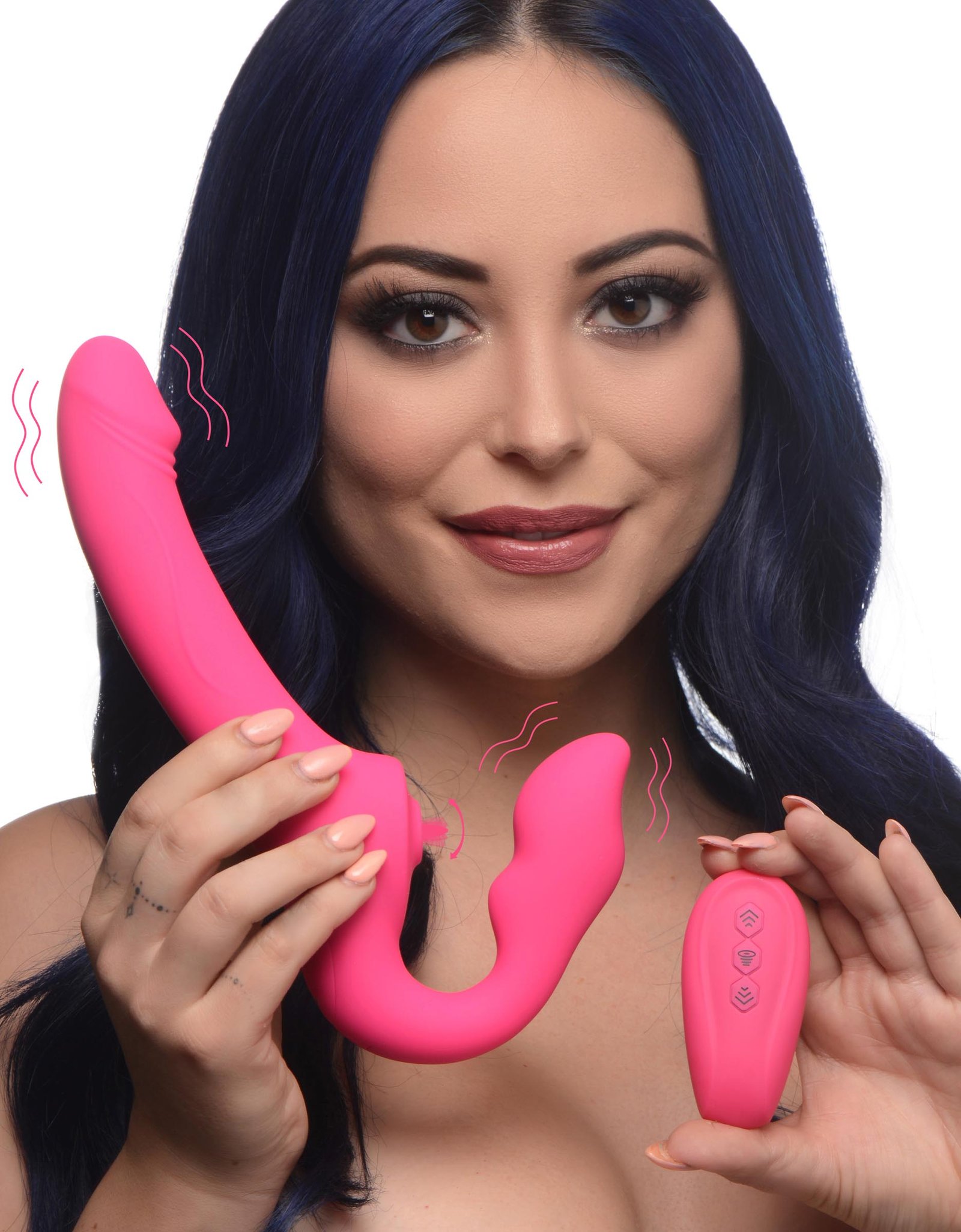 ag906-female-model-001b AG906 Licking and Vibrating Strapless Strap-On with Remote Control