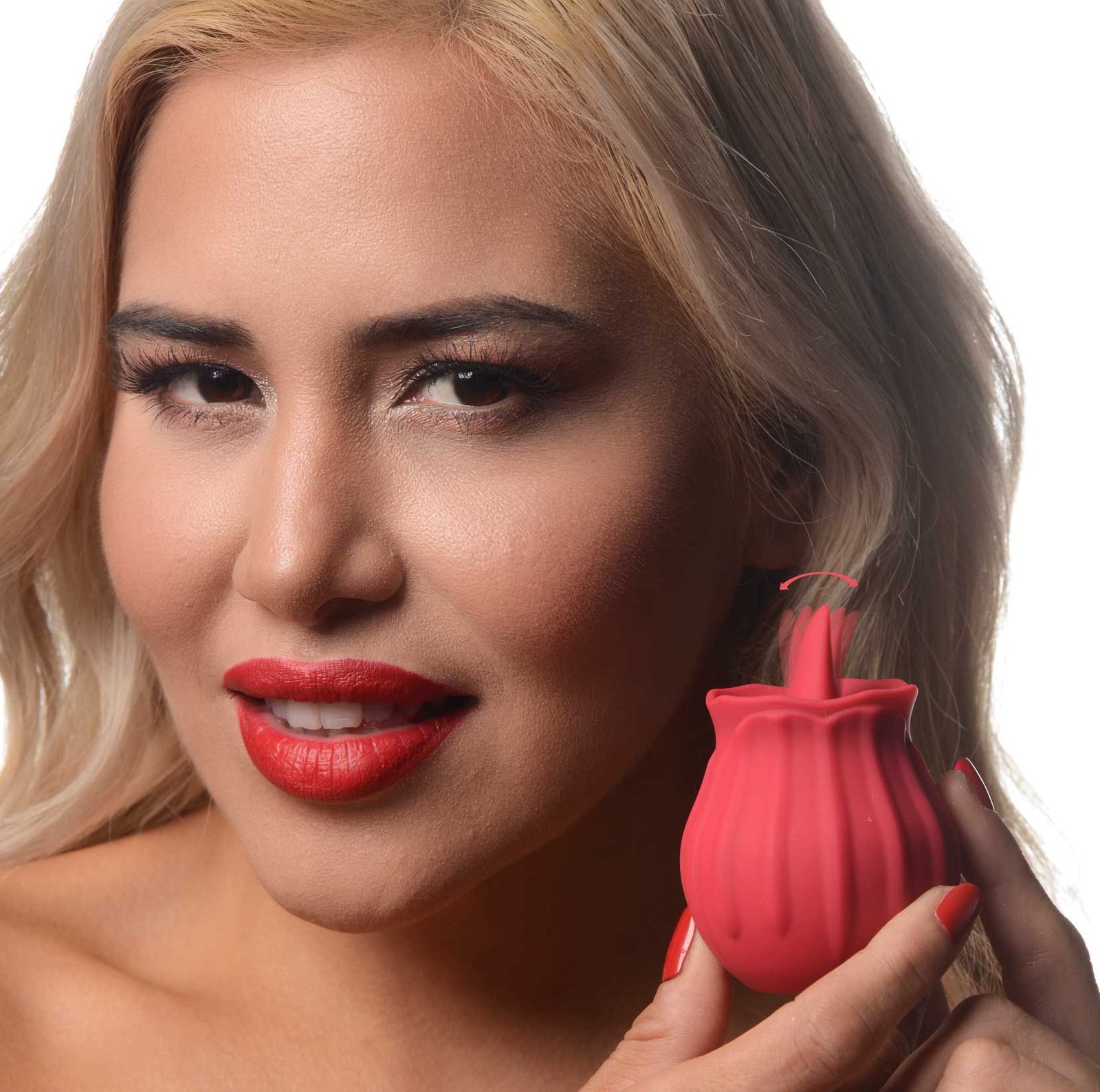 ag918-female-model-002b-tight AG918 Bloomgasm Wild Violet 10X Silicone Clit Licking Stimulator - Red