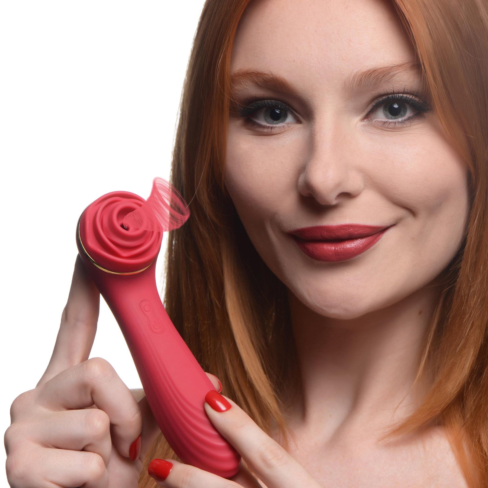 ag924-female-model-002 AG924 Passion Petals 10X Silicone Suction Rose Vibrator - Red