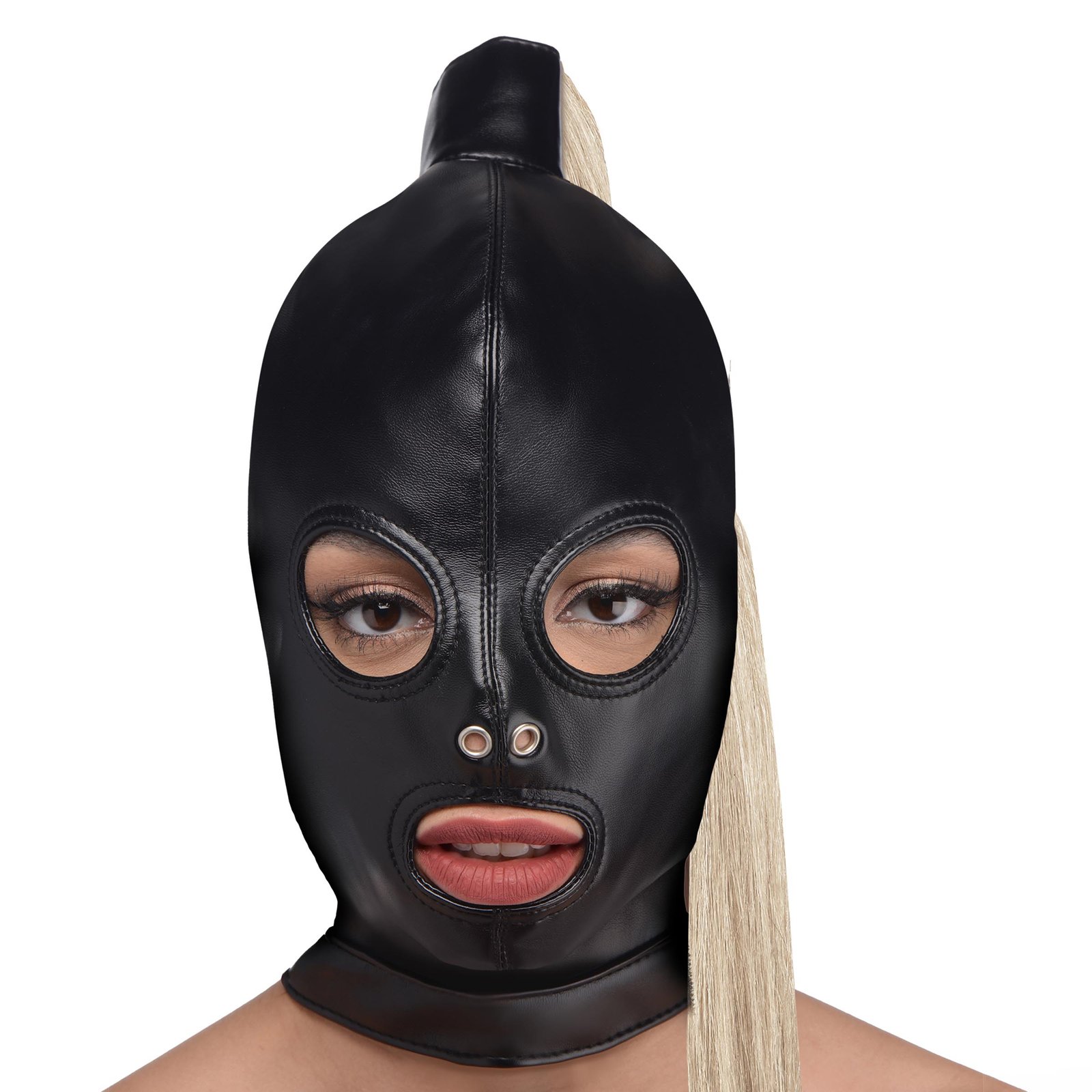 ag963-model-001 AG963 Blonde Ponytail Bondage Hood