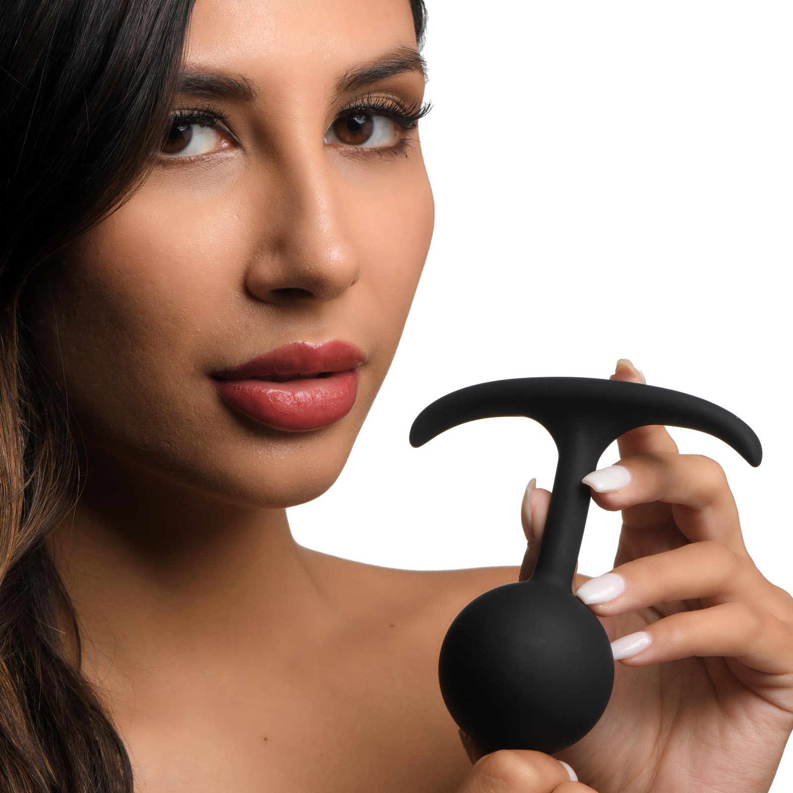 ah073-large-female-model-01 AH073-Large Premium Silicone Round Weighted Anal Plug - Large