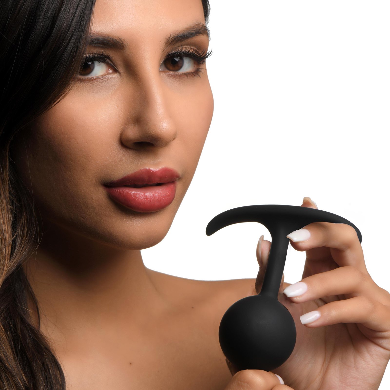 ah073-large-female-model-03 AH073-Med Premium Silicone Round Weighted Anal Plug - Medium