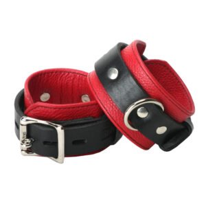 TL100-Wrist Strict Leather Deluxe Black and Red Locking Wrist Cuffs